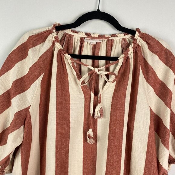 Knox Rose Top Womens L Striped Puff Sleeve Tie Neck Cream Red Cotton Boho - Picture 2 of 10